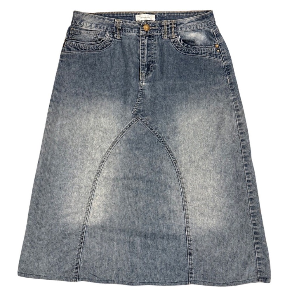Dressbarn Womens Denim Midi Skirt Size 8 Blue A-Line Stretch Faded Jean Skirt